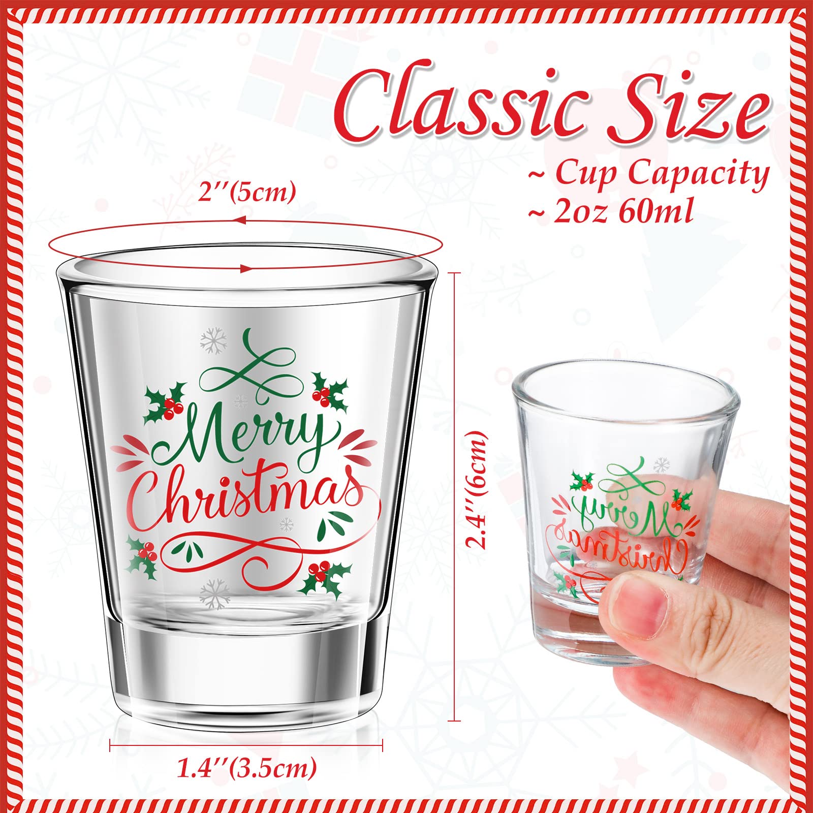 Lounsweer 6 Pcs Merry Christmas Shot Glass Set 2 oz Clear Holiday Cocktail Glasses Funny Shot Glasses Bulk, Cool Shot Cups with Weighty Base for Christmas Party Decoration Whiskey Drinkware Supply