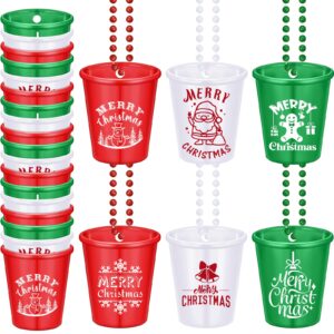 12 Pieces Christmas Shot Glass on Beaded Necklace Xmas Plastic Shot Glasses Shot Glass Necklaces Snowman Snowflake Santa Gingerbread Man Shot Necklace Cups for Christmas Party Supplies, 6 Styles