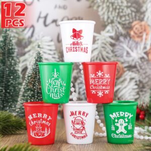 12 Pieces Christmas Shot Glass on Beaded Necklace Xmas Plastic Shot Glasses Shot Glass Necklaces Snowman Snowflake Santa Gingerbread Man Shot Necklace Cups for Christmas Party Supplies, 6 Styles