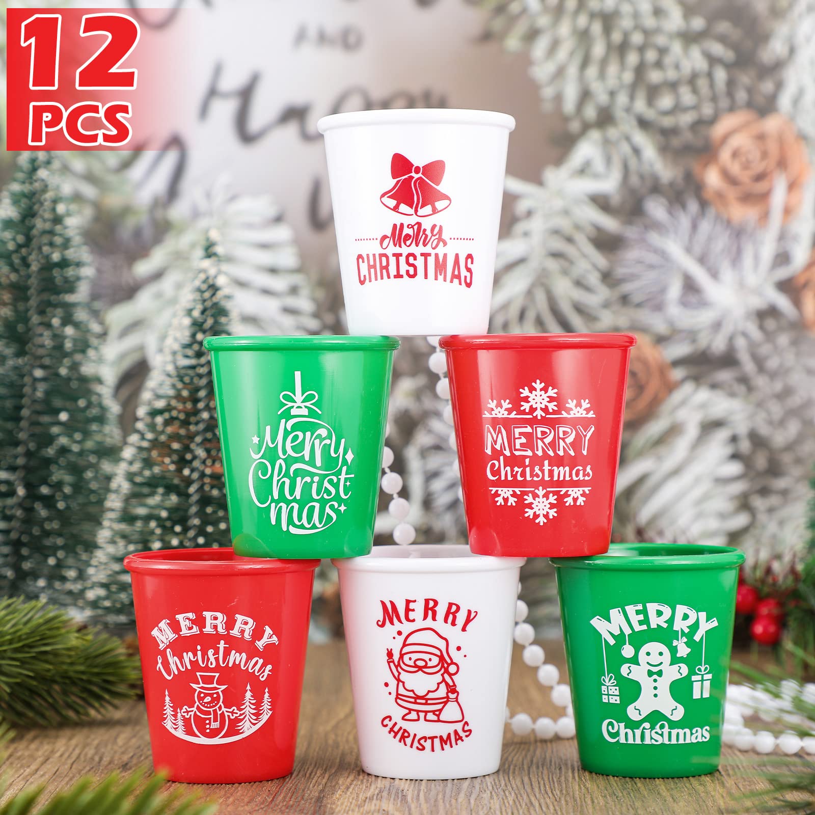 12 Pieces Christmas Shot Glass on Beaded Necklace Xmas Plastic Shot Glasses Shot Glass Necklaces Snowman Snowflake Santa Gingerbread Man Shot Necklace Cups for Christmas Party Supplies, 6 Styles