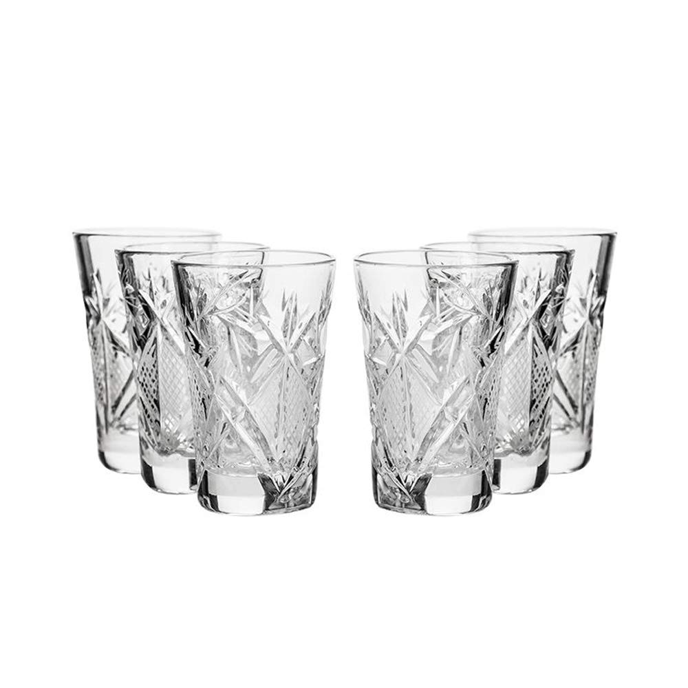 WORLD GIFTS Set of 6 Russian Cut Crystal Shot Glasses 1.2 oz. Hand Made Soviet USSR Vodka Shooters - Vintage Design
