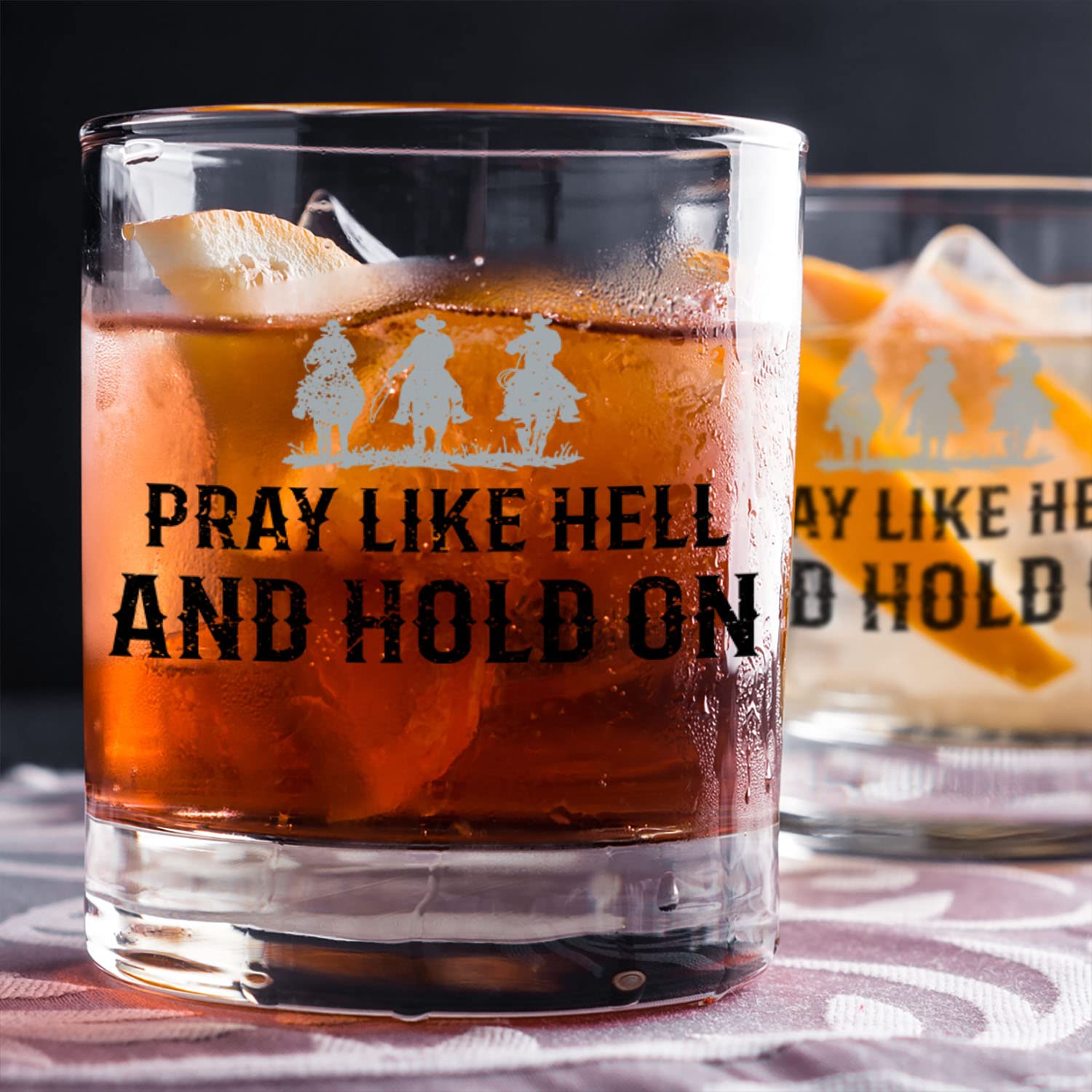 Toasted Tales Pray Like Hell and Hold | Old Fashioned Whiskey Glass Tumbler | Rocks Barware For Scotch, Bourbon, Liquor and Cocktail Drinks | Quality Chip Resistant Home Bar Whiskey Gift