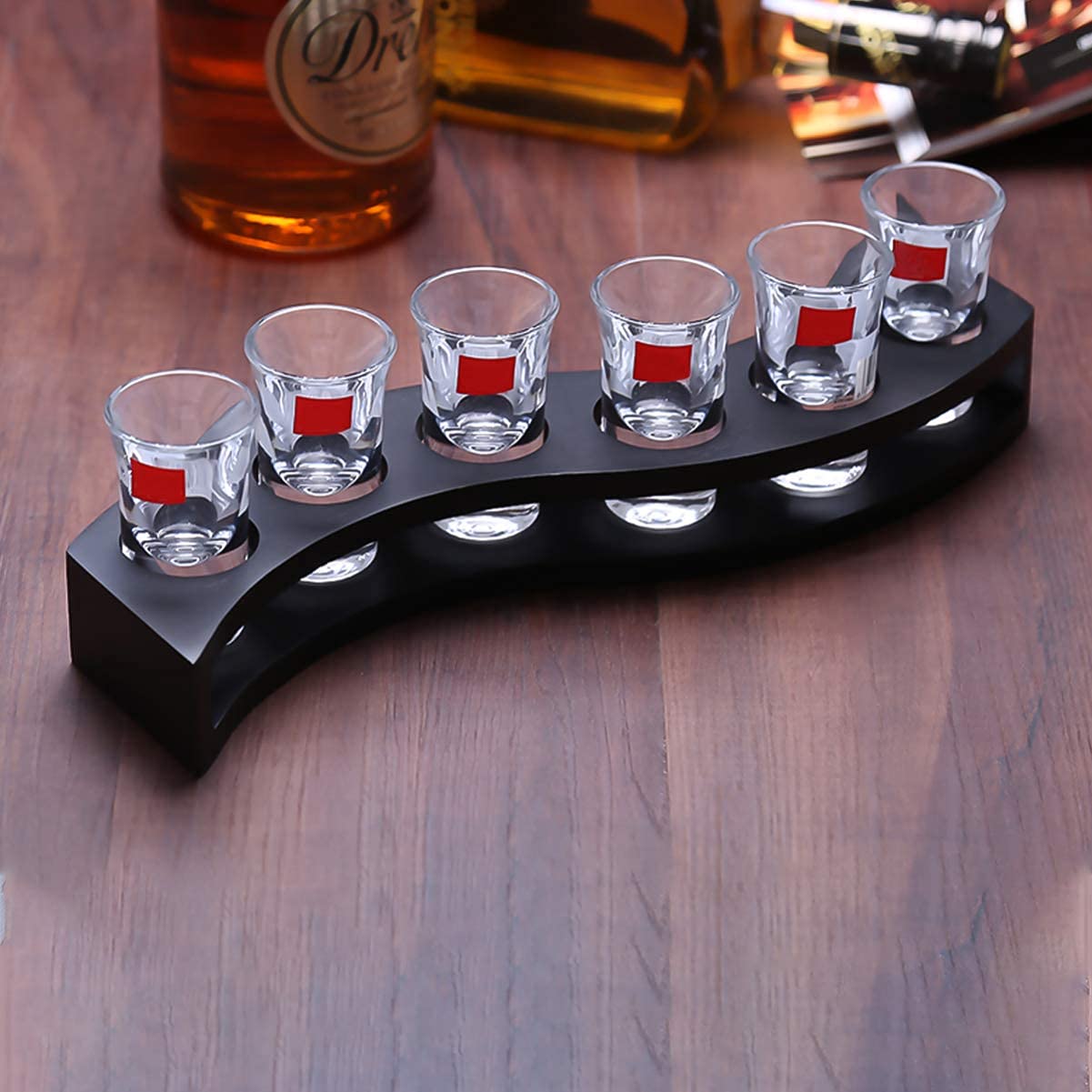 Hemoton Wooden Shot Glass Holder 6 Thick Base S Shape Shot Rack ray for Tequila Whiskey Vodka Cocktail Party Bar Nightclub