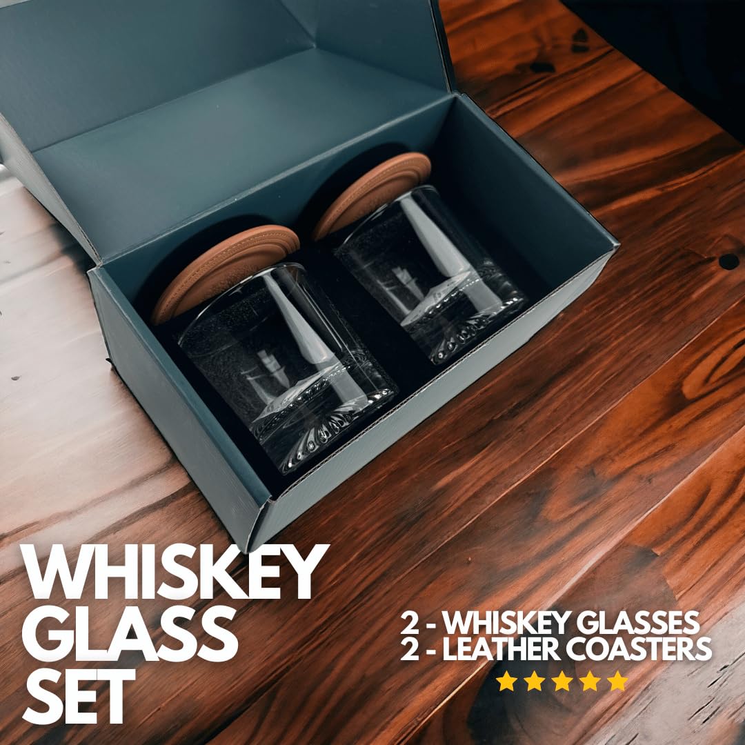 Whiskey Glass Set of 2 | Whiskey Gifts for Men | 2 Whiskey Glasses and 2 Coasters | 10oz Glass | Bourbon Glass