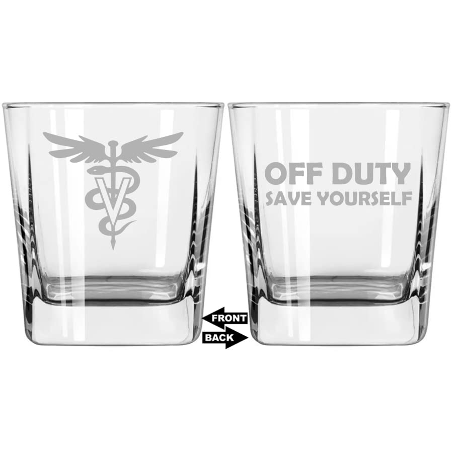 MIP Brand 12 oz Square Base Rocks Whiskey Double Old Fashioned Glass Two Sided Vet Veterinarian Off Duty Save Yourself