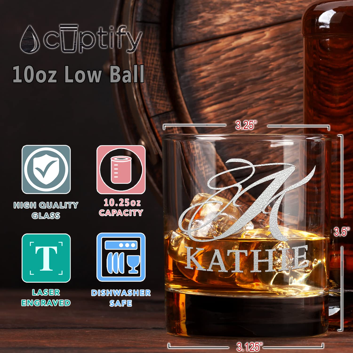 Personalized Whiskey Glass for Men Customized Engraved Script Monogram Initial and Name 10.25 oz Old Fashioned Rocks Cocktail Bourbon Glass Custom Gift