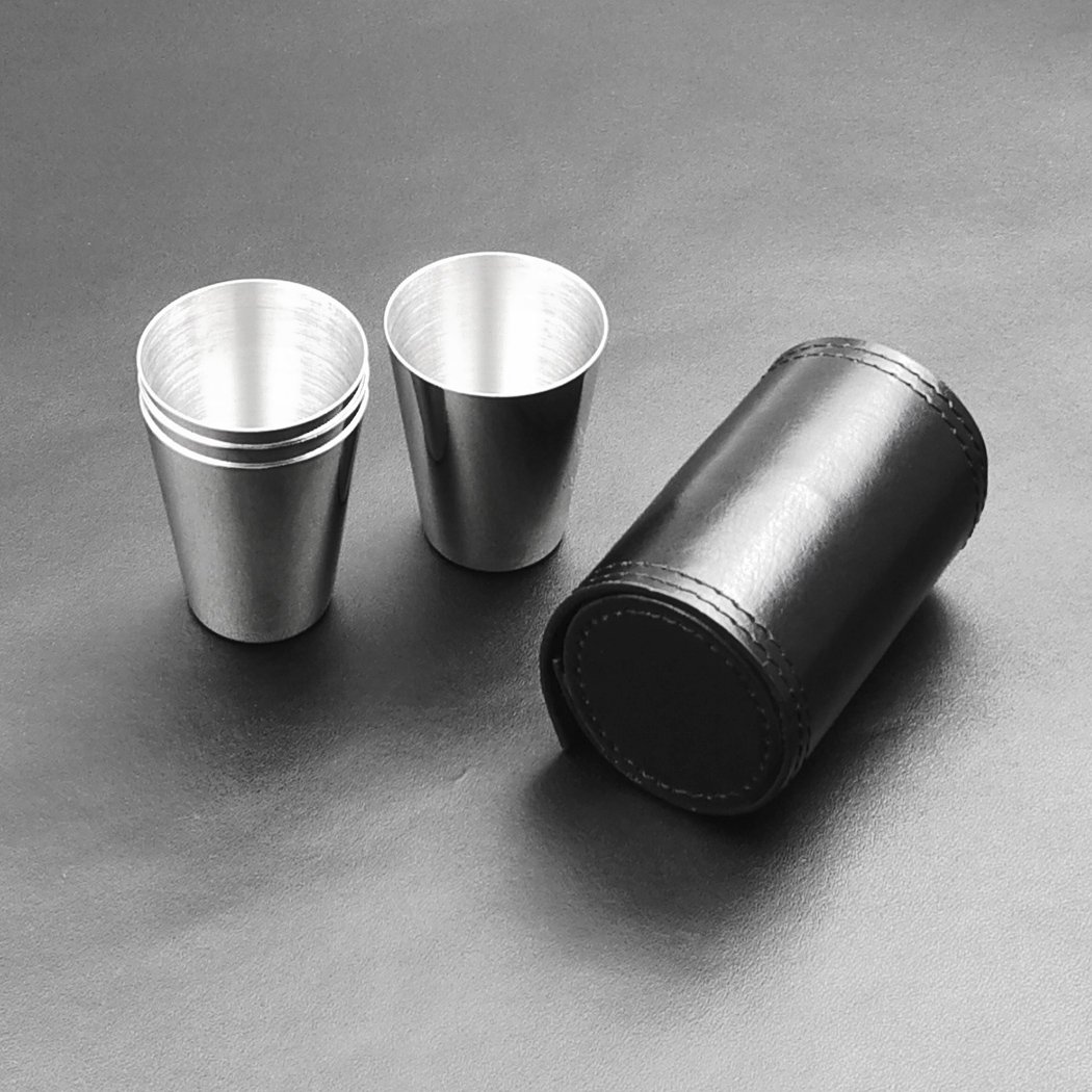 iSavage Shot Glasses with Black Leather Case 1.2oz Each Set of 4 18/8 Stainless Steel, 1pc Reusable Bag-YM201