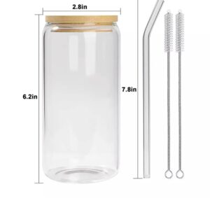 Drinking Glasses with Bamboo Lids and Glass Straw 4pcs Set - 16oz Can Shaped Glass Cups, Beer Glasses, Iced Coffee Glasses, Ideal for Cocktail, Whiskey, Gift - 2 Cleaning Brushes
