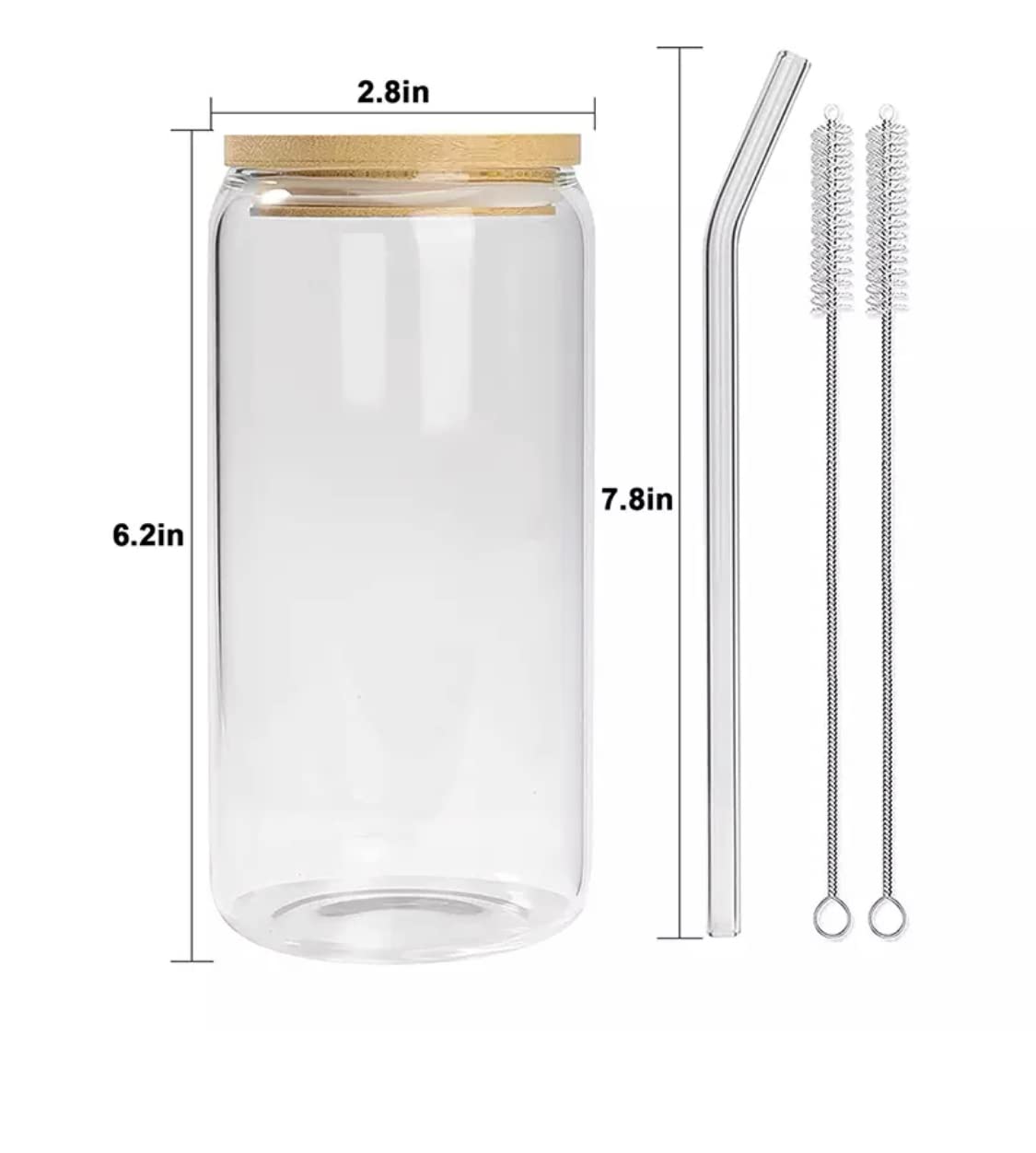 Drinking Glasses with Bamboo Lids and Glass Straw 4pcs Set - 16oz Can Shaped Glass Cups, Beer Glasses, Iced Coffee Glasses, Ideal for Cocktail, Whiskey, Gift - 2 Cleaning Brushes
