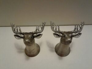 set of 2 jagermeister 10 point deer stag buck head metal pewter & stainless steel stirrup cup shooter shot glasses