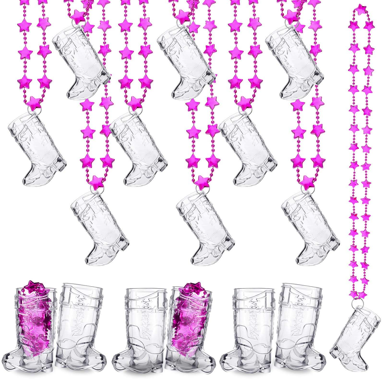 Sureio 24 Sets Cowboy Boot Shot Glass on Beaded Necklace Plastic Cowgirl Mini Boot Shot Necklace Cups Rose Red Bachelorette Party Boot Shot Glasses Necklace for Wedding Bride Birthday