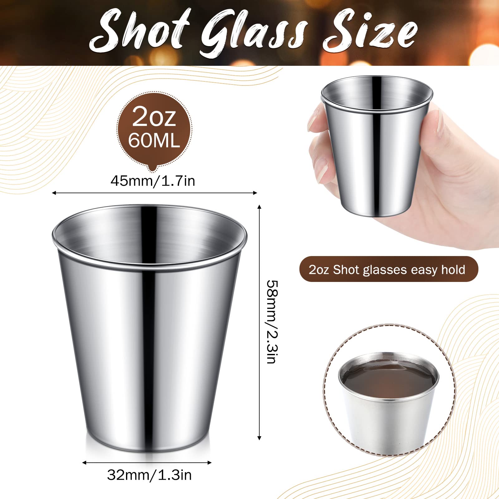 2 oz Stainless Steel Shot Glasses Metal Cups Small Unbreakable Shot Glass for Espresso Whiskey Bar Home Restaurant Camping Barware Gift (Silver,100 Pcs)