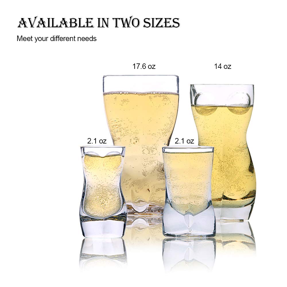 DKY Whiskey Glasses - Beer Stein Male Female Shaped Custom Design Shot Glasses [Set of 2] - Tequila Vodka Whiskey Bourbon Funny Durable Style - 2.1 & 2.1ounce