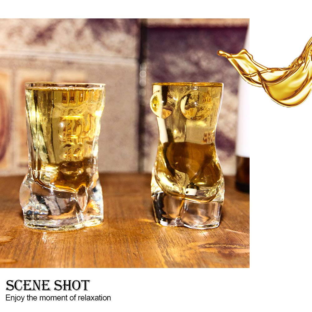 DKY Whiskey Glasses - Beer Stein Male Female Shaped Custom Design Shot Glasses [Set of 2] - Tequila Vodka Whiskey Bourbon Funny Durable Style - 2.1 & 2.1ounce