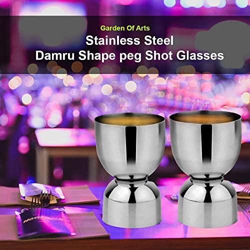 Garden Of Arts Stainless Steel Set of 2 Damru shape peg shot glasses Measure 30 ml and 60 ml fancy antique glass can be used both side for welcome drinking and tasting