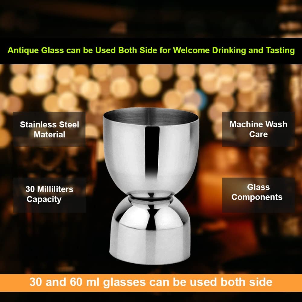 Garden Of Arts Stainless Steel Set of 2 Damru shape peg shot glasses Measure 30 ml and 60 ml fancy antique glass can be used both side for welcome drinking and tasting