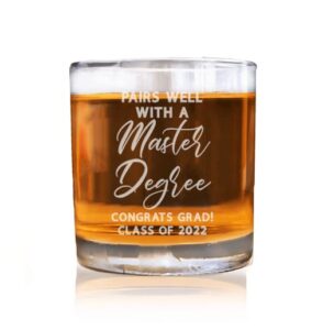 american sign letters pairs well with a masters degree congrats grad whiskey glass - graduation glass, 2022 whiskey glass, graduation gift