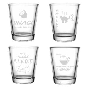 brindle southern farms friends shot glass set of 4 engraved 1.5 ounce: smelly cat, unagi, pivot, mmm soup, friends fan gift i'll be there for you