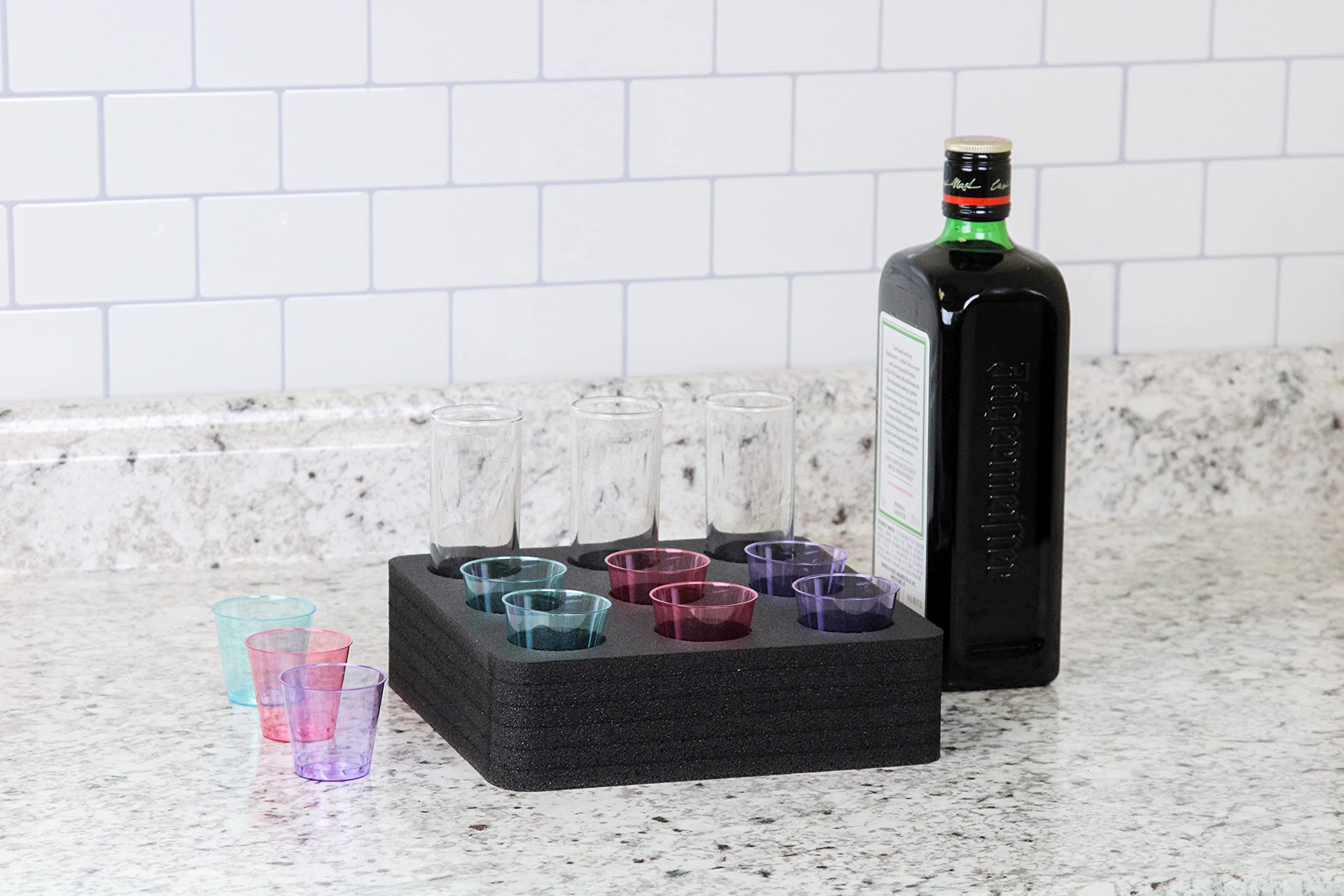 Polar Whale 2 Shot Glass Holders Organizer Modern Tray for Home Kitchen Bar or Club Party Durable Black Foam Serving Rack Each Holds 9 Shots