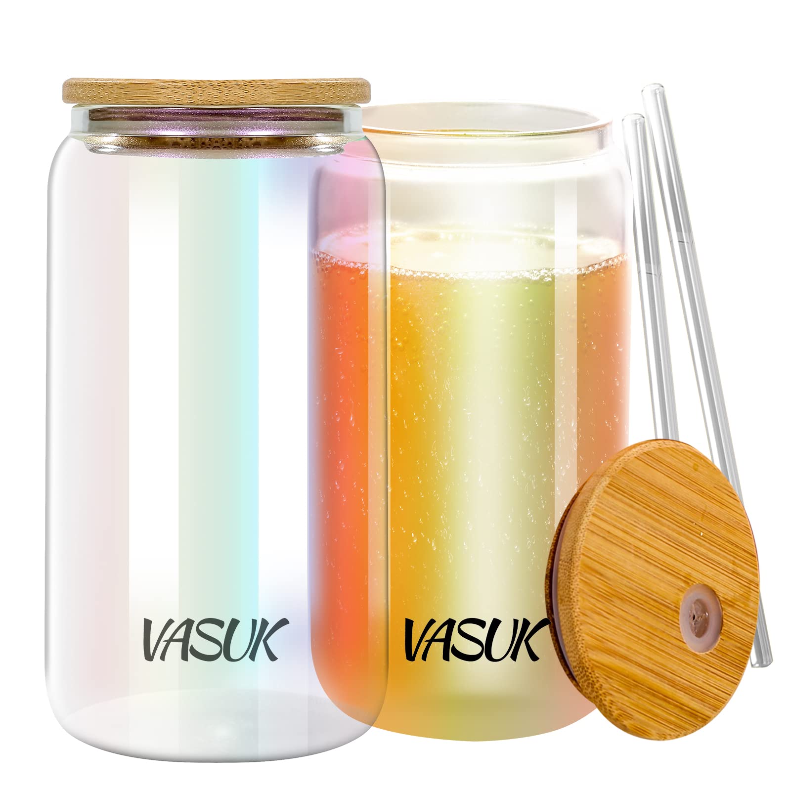 VASUK Iridescent Drinking Glasses with Bamboo Lids and Straw 2pcs Set - 16oz Beer Glasses with Lid and Straw, Can Shaped Drinking Glass, Iced Coffee Glasses, Tumbler Cup - 2 Lids and 2 Straws