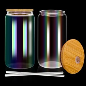 VASUK Iridescent Drinking Glasses with Bamboo Lids and Straw 2pcs Set - 16oz Beer Glasses with Lid and Straw, Can Shaped Drinking Glass, Iced Coffee Glasses, Tumbler Cup - 2 Lids and 2 Straws