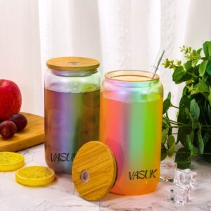 VASUK Iridescent Drinking Glasses with Bamboo Lids and Straw 2pcs Set - 16oz Beer Glasses with Lid and Straw, Can Shaped Drinking Glass, Iced Coffee Glasses, Tumbler Cup - 2 Lids and 2 Straws