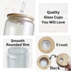 VASUK Iridescent Drinking Glasses with Bamboo Lids and Straw 2pcs Set - 16oz Beer Glasses with Lid and Straw, Can Shaped Drinking Glass, Iced Coffee Glasses, Tumbler Cup - 2 Lids and 2 Straws