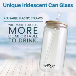 VASUK Iridescent Drinking Glasses with Bamboo Lids and Straw 2pcs Set - 16oz Beer Glasses with Lid and Straw, Can Shaped Drinking Glass, Iced Coffee Glasses, Tumbler Cup - 2 Lids and 2 Straws