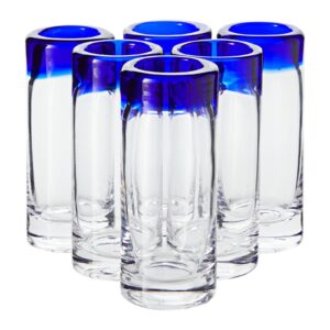 okuna outpost set of 6 hand blown mexican double shot glasses, 2oz cobalt blue rim tequila sipping set