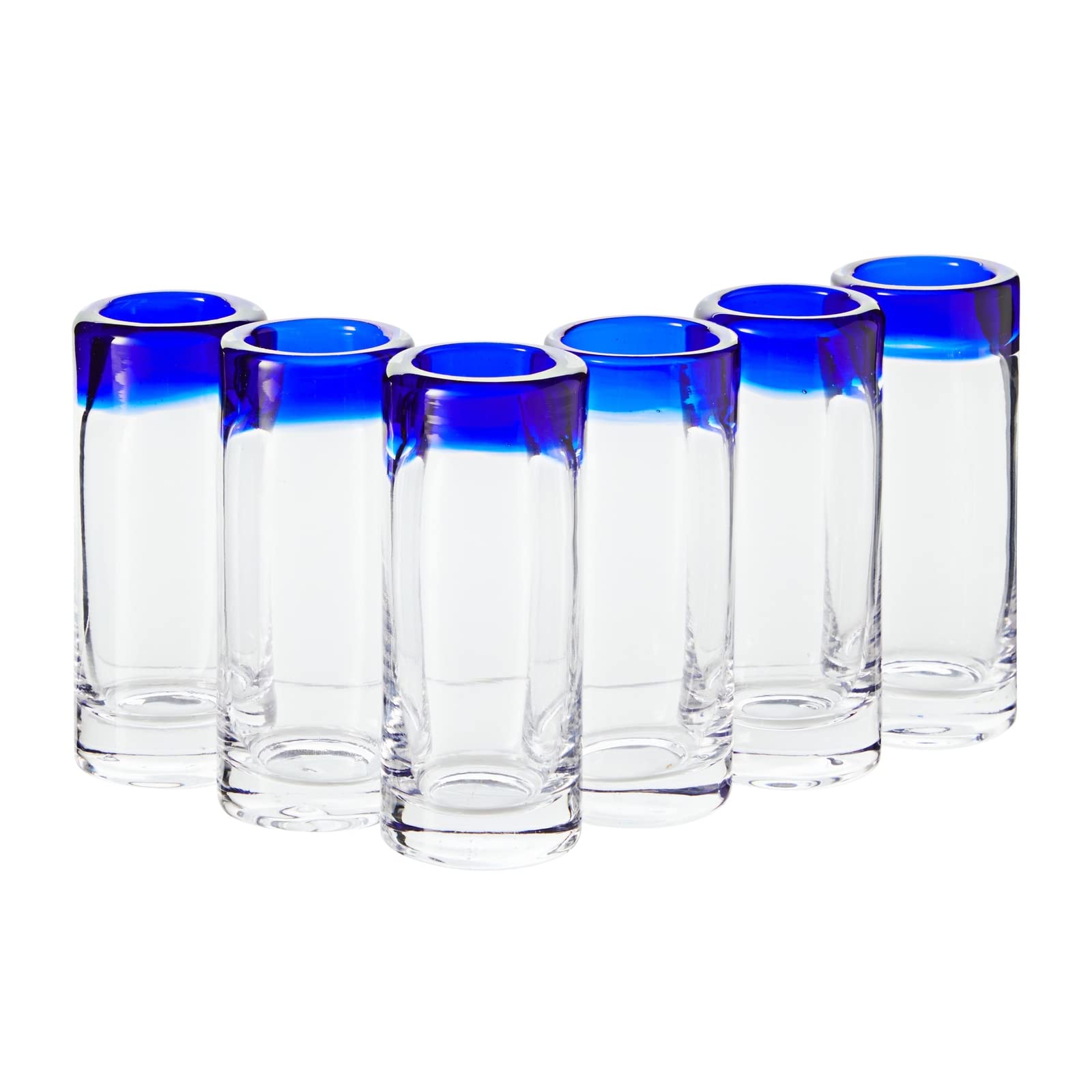 Okuna Outpost Set of 6 Hand Blown Mexican Double Shot Glasses, 2oz Cobalt Blue Rim Tequila Sipping Set