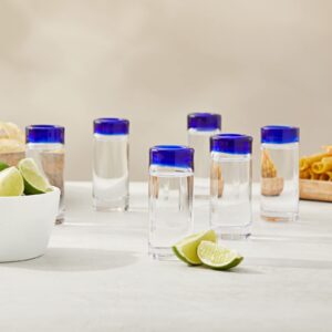 Okuna Outpost Set of 6 Hand Blown Mexican Double Shot Glasses, 2oz Cobalt Blue Rim Tequila Sipping Set