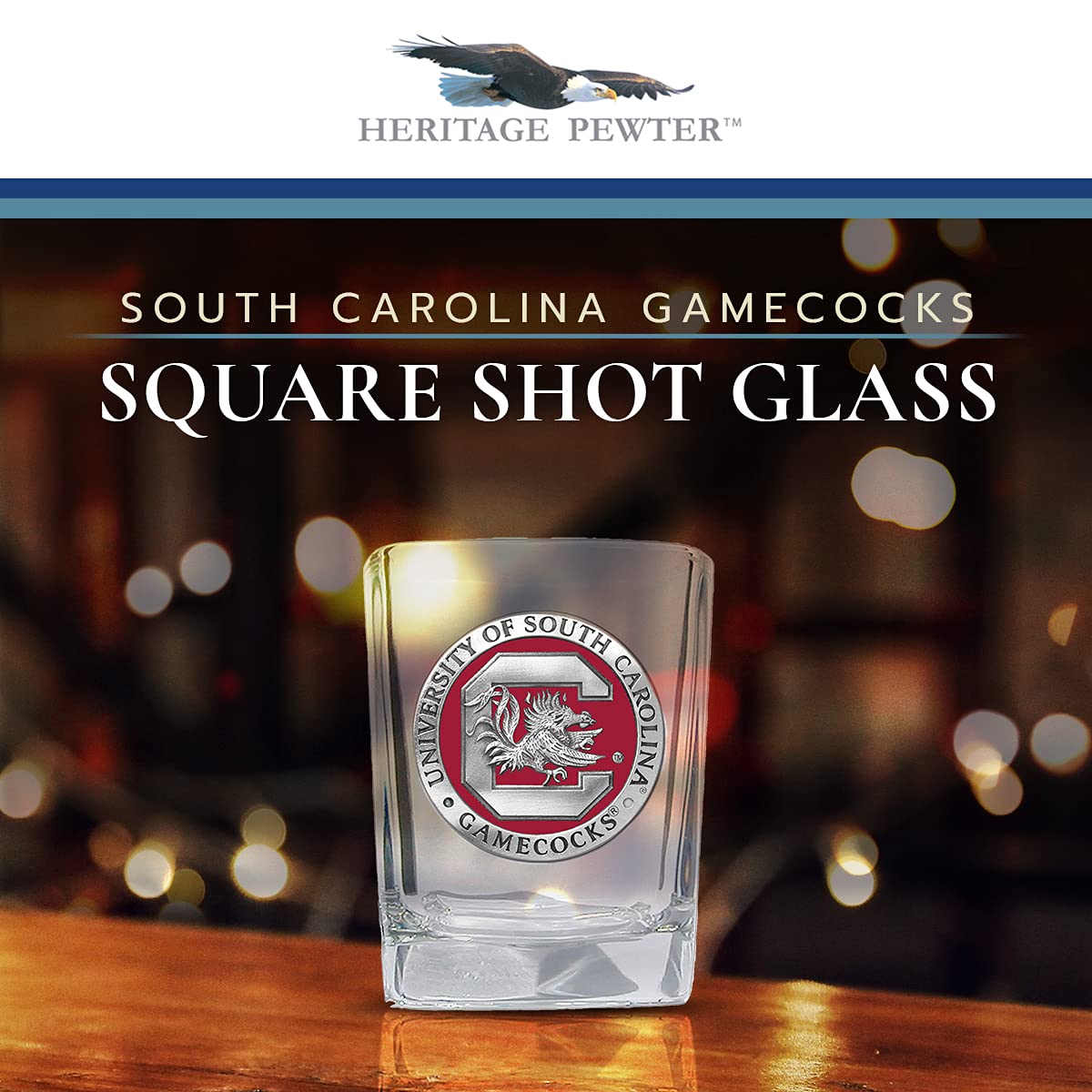 Heritage Pewter University of South Carolina Square Shot Glass | Hand-Sculpted 1.5 Ounce Shot Glass | Intricately Crafted Metal Pewter Alma Mater Inlay