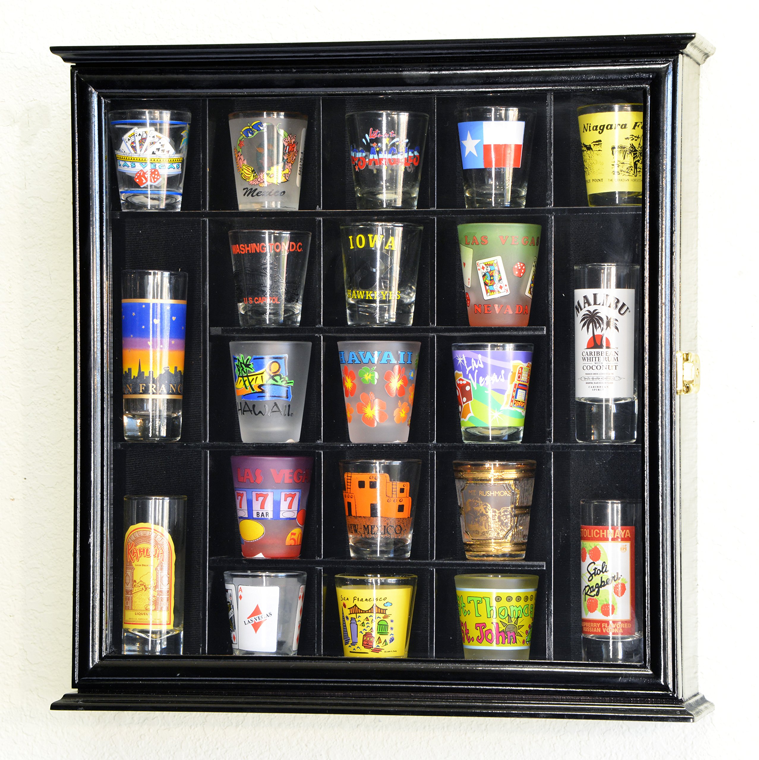 21 Shot Glass Shotglass Shooter Display Case Holder Cabinet Wall Rack 98% UV Lockable -Black