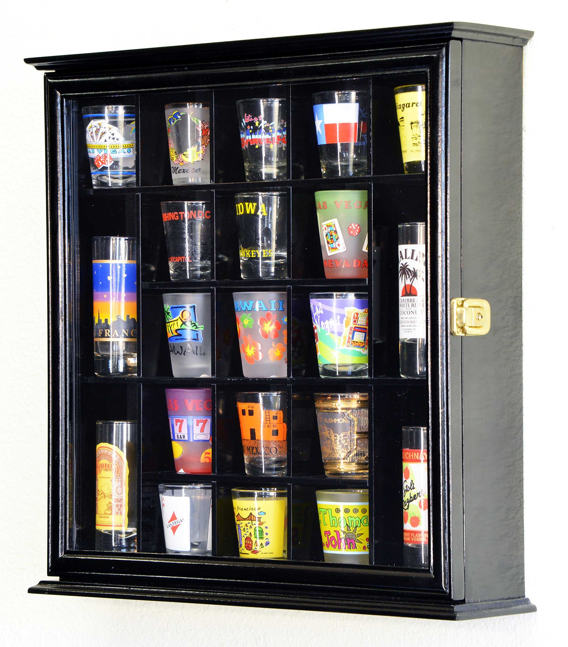 21 Shot Glass Shotglass Shooter Display Case Holder Cabinet Wall Rack 98% UV Lockable -Black