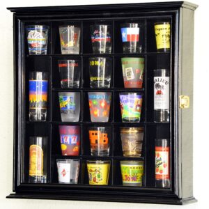 21 Shot Glass Shotglass Shooter Display Case Holder Cabinet Wall Rack 98% UV Lockable -Black