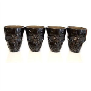 shatchi set of 4 halloween black shot glasses with spooky 3d skull shape party tableware drink accessories, 4 count (pack of 1)