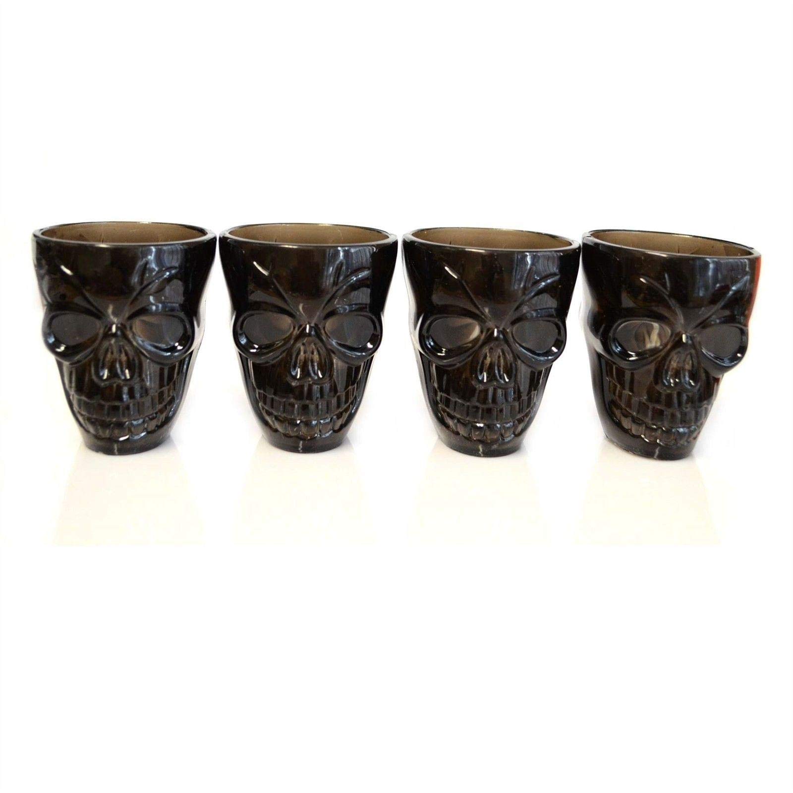 SHATCHI Set of 4 Halloween Black Shot Glasses with Spooky 3D Skull Shape Party Tableware Drink Accessories, 4 Count (Pack of 1)