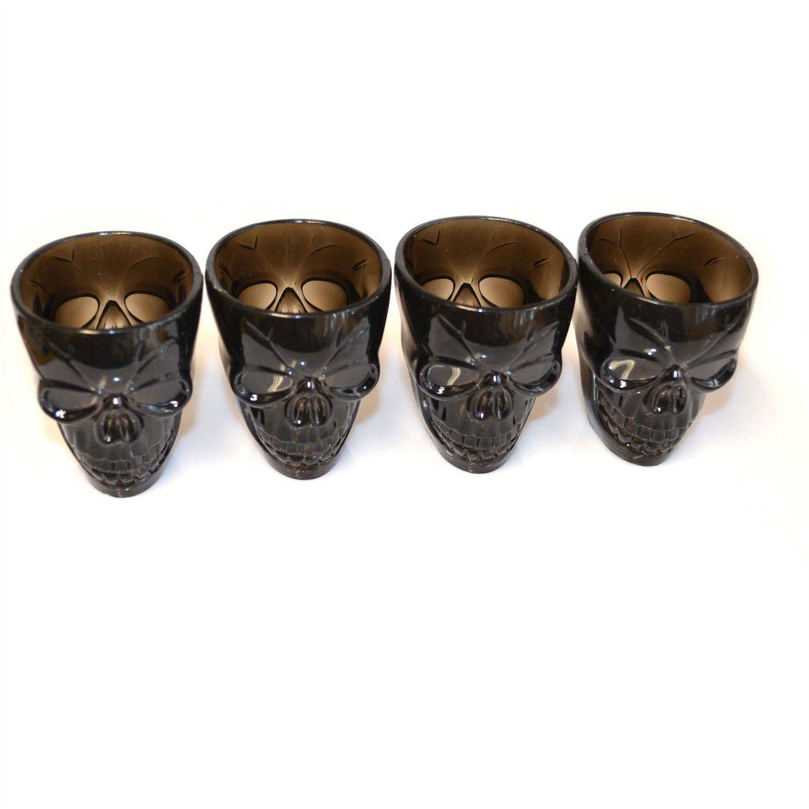 SHATCHI Set of 4 Halloween Black Shot Glasses with Spooky 3D Skull Shape Party Tableware Drink Accessories, 4 Count (Pack of 1)