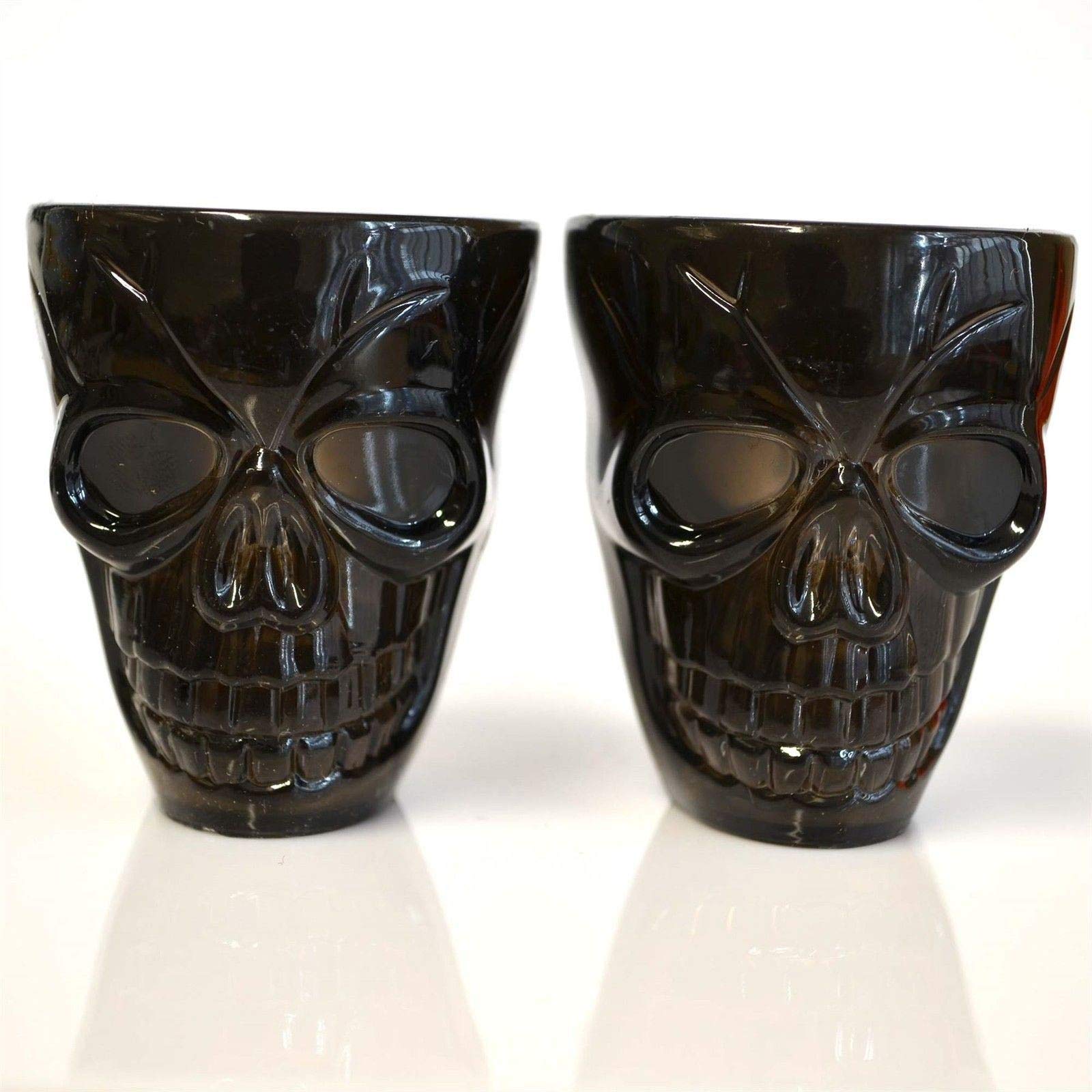 SHATCHI Set of 4 Halloween Black Shot Glasses with Spooky 3D Skull Shape Party Tableware Drink Accessories, 4 Count (Pack of 1)