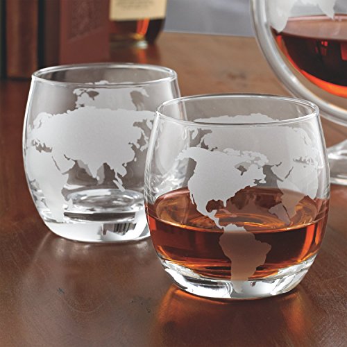 Etched Globe DOF 10 Oz Whisky Glasses, Old-Fashioned Liquor Glassware, Set of 2