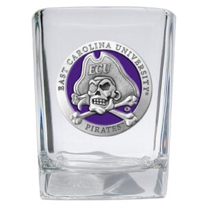 heritage pewter east carolina pirates square shot glass | hand-sculpted 1.5 ounce shot glass | intricately crafted metal pewter alma mater inlay