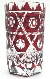 (creative series) tamakiko hexagonal basket shot glass, kiriko glass, shot glass, straight in paulownia box, kiriko workshop, promitsu made in japan, independent kiriko artist mitsuki saito