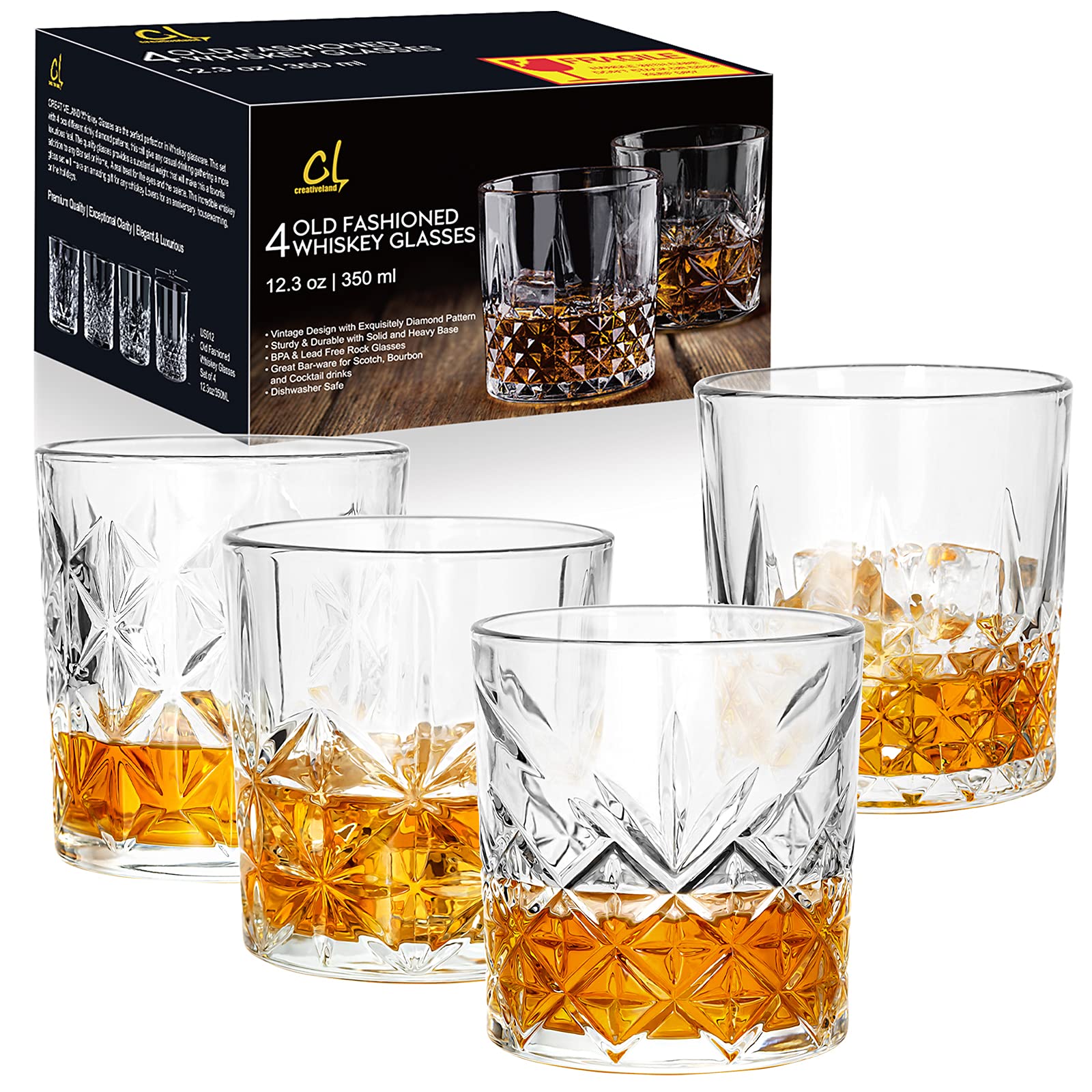 CREATIVELAND Double Old Fashioned Glasses Set of 4 Vintage Crystal Clarity Vintage Whiskey 11.83oz | 350ml Gifts for Dad for Scotch, Cocktail, Rocks, Bourbon, Home Bar Whiskey Glass Set