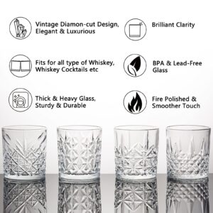 CREATIVELAND Double Old Fashioned Glasses Set of 4 Vintage Crystal Clarity Vintage Whiskey 11.83oz | 350ml Gifts for Dad for Scotch, Cocktail, Rocks, Bourbon, Home Bar Whiskey Glass Set