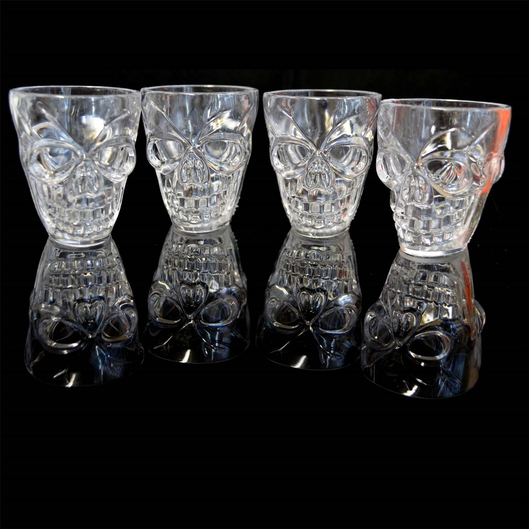 SHATCHI Set of 4 Halloween Clear Shot Glasses with Spooky 3D Skull Shape Party Tableware Drink Accessories, 4 Count (Pack of 1), 55 milliliters