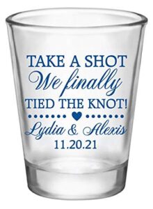 personalized wedding favor shot glasses, take a shot we finally tied the knot, wedding favors for guests in bulk, custom shot glasses