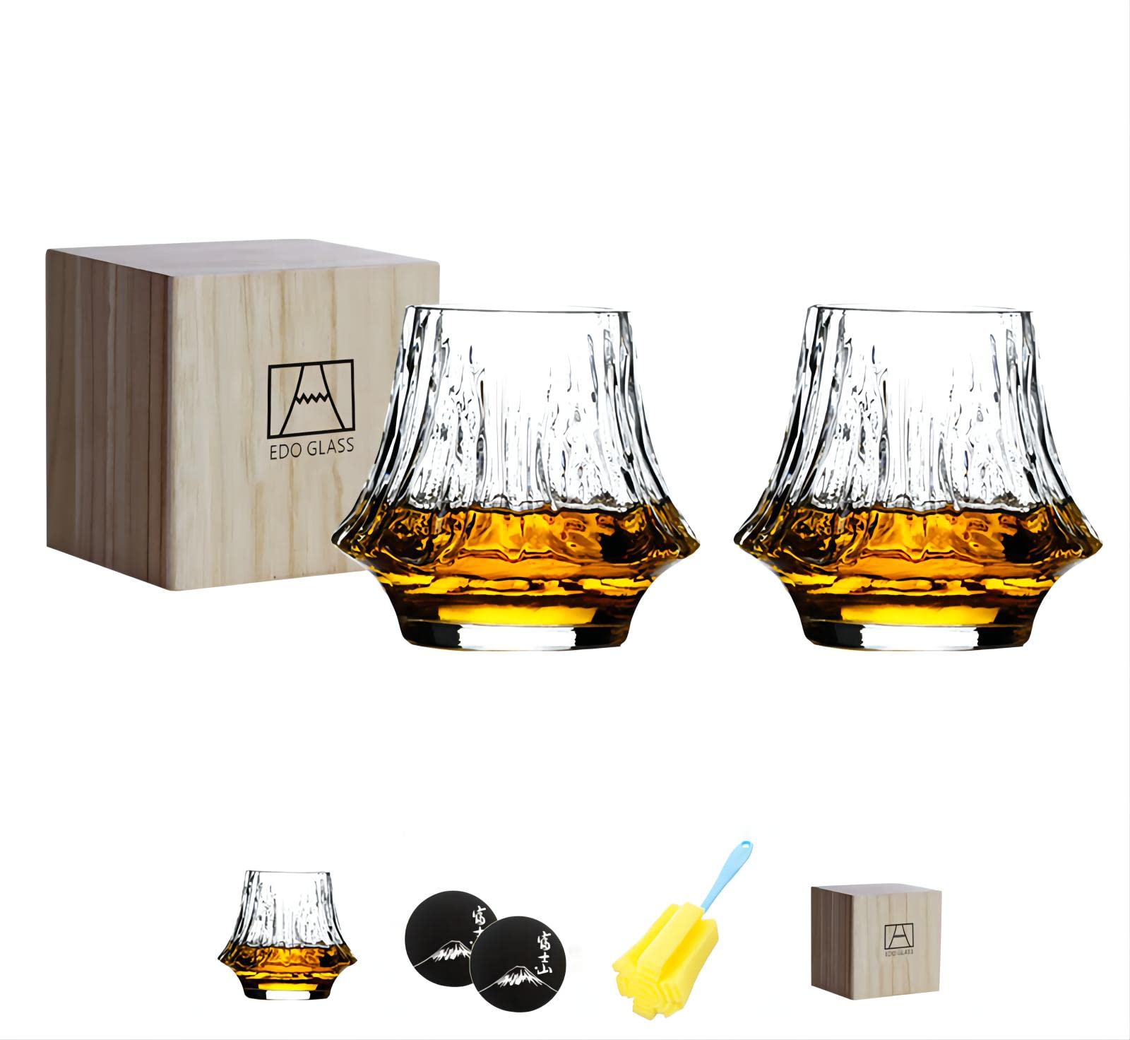 QING LONG Mt. Fuji Rock Glasses (Plain) Mt. Fuji Tumbler Glass Pair Set of 2 Fuji Whiskey Glass Beer Glass Paulownia Box