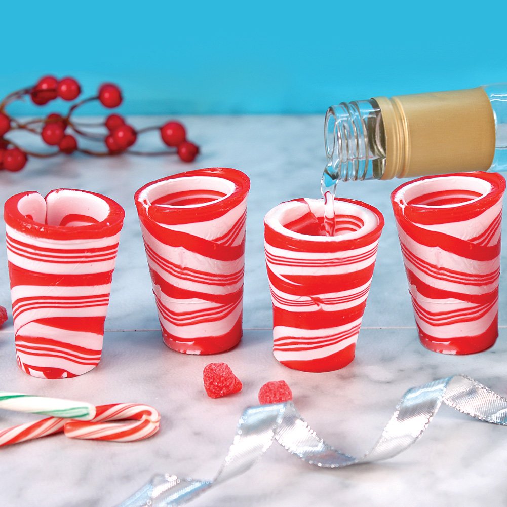 (Set/4) Edible Peppermint-Flavored Candy Cane 2 Oz. Christmas Shot Glass Set