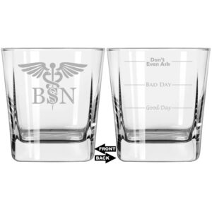 mip brand 12 oz square base rocks whiskey double old fashioned glass two sided good day bad day don't even ask bsn bacholors of science nurse caduceus