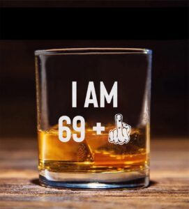 qptadesigngift i am 69 + middle finger whiskey glass - whiskey glass etched - 70th birthday - funny birthday turning 70th - fathers day glass - funny 70th birthday